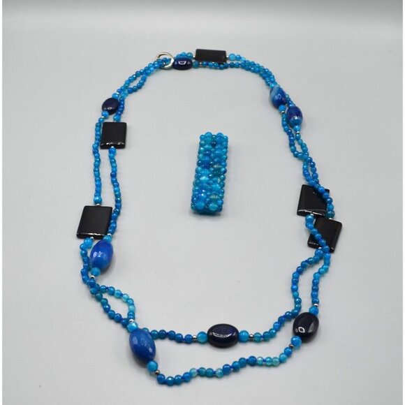 Faceted Blue Beaded 2-Strand Necklace & Bracelet Set Matching Chunky Jewelry - Picture 1 of 8